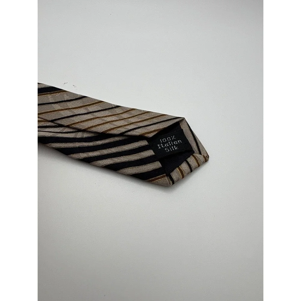 Gianfranco Ruffini Mens Silk Tie Tan Brown Black Geometric Abstract Stripe Italy